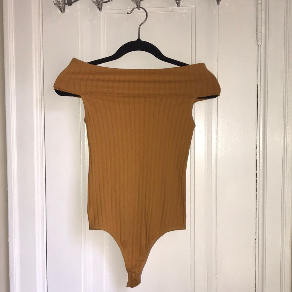 Fashion Nova off shoulder mustard yellow body suit top